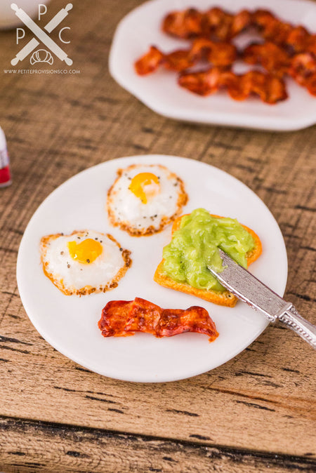 Dollhouse Miniature Avocado Toast, Fried Eggs and Bacon