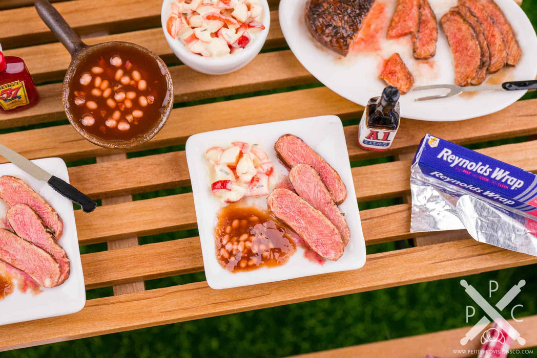 Dollhouse Miniature BBQ Dinner Plate - Grilled London Broil, Potato Salad and Baked Beans - 1:12 Dollhouse Miniature Cookout