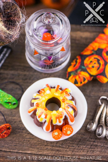Dollhouse Miniature Halloween Candy Corn and Pumpkins Bundt Cake - 1:12 Dollhouse Miniature - Miniature Halloween