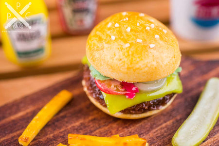 Dollhouse Miniature Cheeseburger, Fries and Pickle on Board - 1:12 Dollhouse Miniature Burger Set