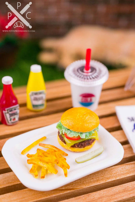 Dollhouse Miniature Cheeseburger, Fries and Pickle Platter - 1:12 Dollhouse Miniature Burger Set