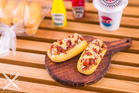 Dollhouse Miniature Chili Cheese Dogs on Board - 1:12 Dollhouse Miniature Hot Dog Set
