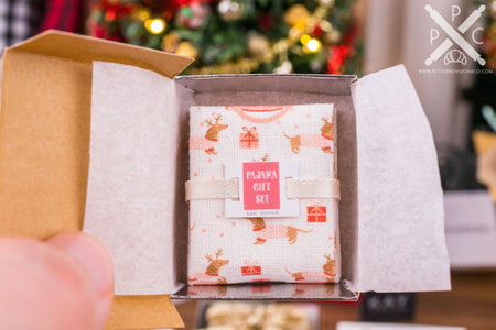 Dollhouse Miniature Christmas Pajama Gift Set in Box - Dachshund Pattern - 1:12 Dollhouse Miniature Christmas Gift