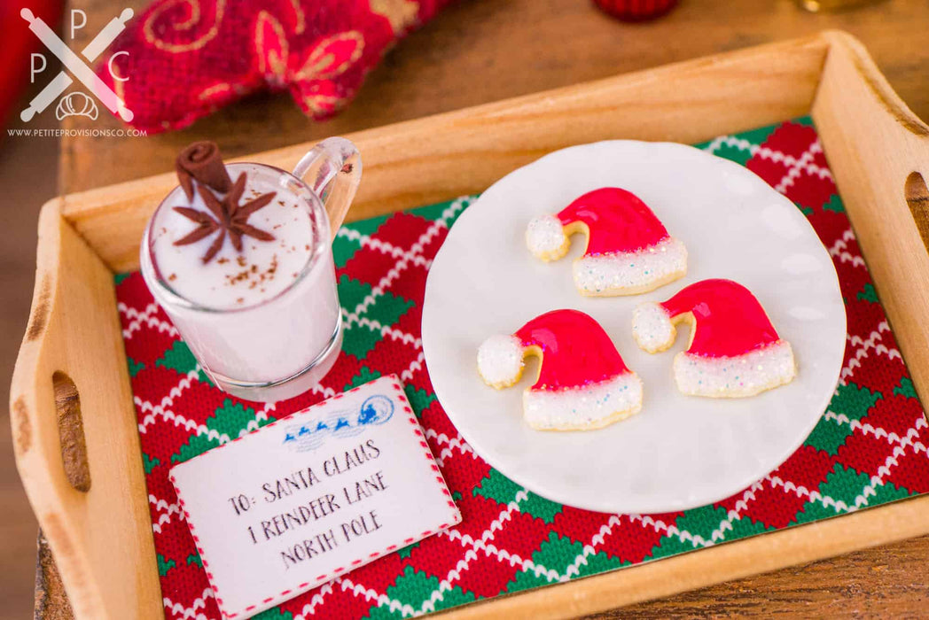 Eggnog and Santa Hat Cookies on Wood Tray