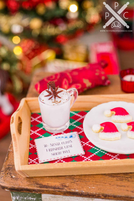 Dollhouse Miniature Eggnog and Santa Hat Cookies on Wood Tray - 1:12 Dollhouse Miniature Christmas - Christmas Miniatures