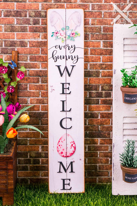 Dollhouse Miniature Every Bunny Welcome Easter Porch Sign - Vertical Porch Sign - 1:12 Dollhouse Miniature Easter Porch Sign