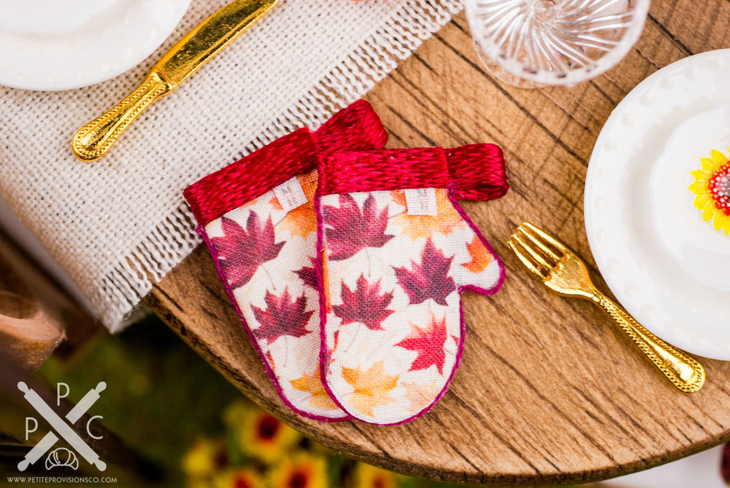 Dollhouse Miniature Autumn Leaves Napkins, Oven Mitts, Apron, Rolling Pin - 1:12 Dollhouse Miniature Fall Kitchen Decor