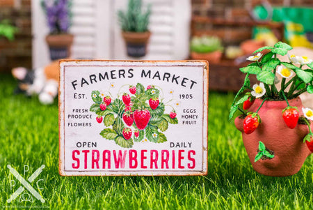 Dollhouse Miniature Farmers Market Strawberries Sign - Decorative Spring Sign - 1:12 Dollhouse Miniature Garden Sign