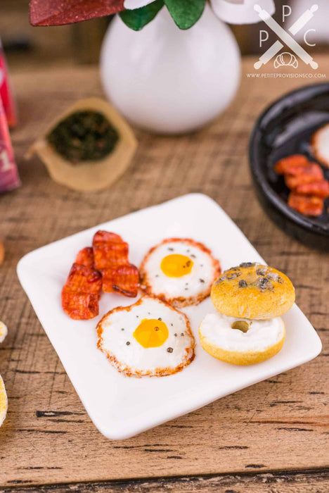 Dollhouse Miniature Plate of Fried Eggs, Bacon and Bagel with Cream Cheese - 1:12 Dollhouse Miniature Eggs and Bacon - Dollhouse Breakfast