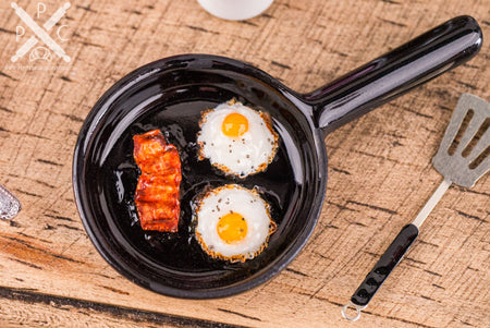 Dollhouse Miniature Fried Eggs and Bacon Frying Pan