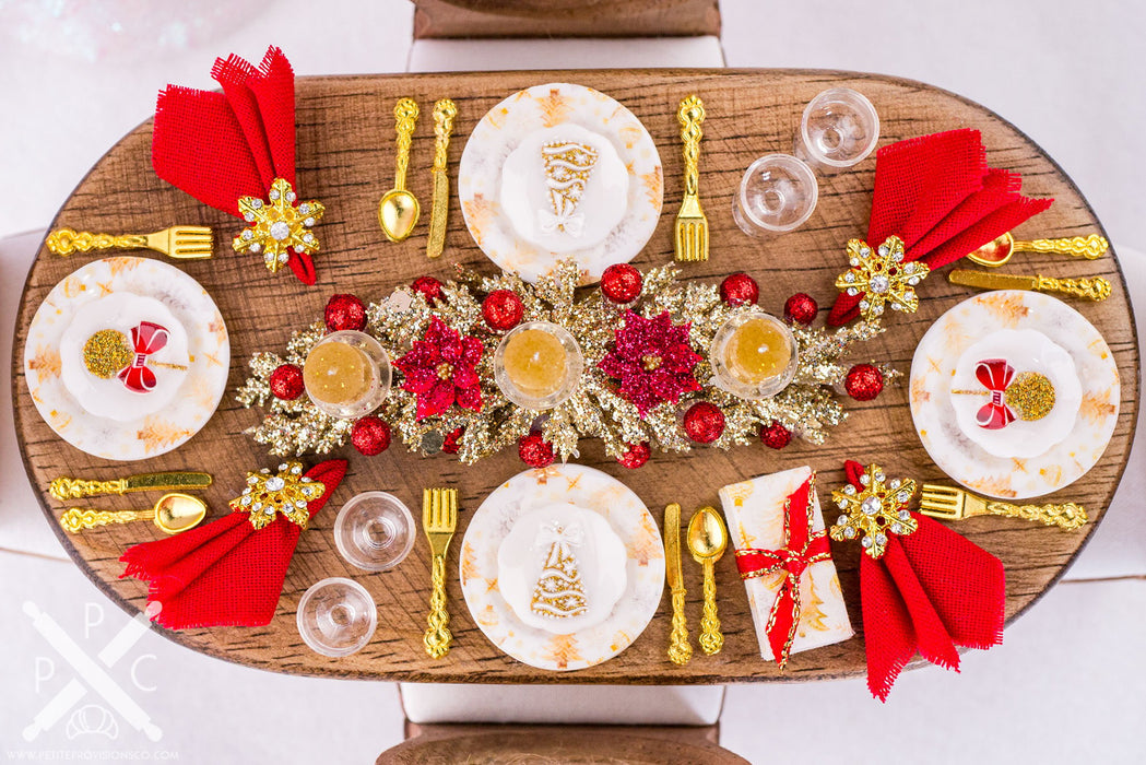 Dollhouse Miniature Glittering Gold and Red Christmas Table Setting for 4 - 1:12 Dollhouse Miniature Christmas Table in Gold and Red