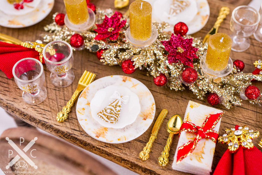 Dollhouse Miniature Glittering Gold and Red Christmas Table Setting for 4 - 1:12 Dollhouse Miniature Christmas Table in Gold and Red