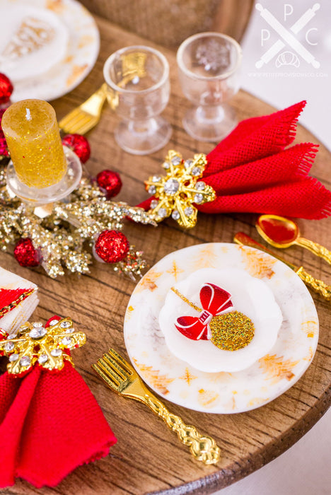 Dollhouse Miniature Glittering Gold and Red Christmas Table Setting for 4 - 1:12 Dollhouse Miniature Christmas Table in Gold and Red