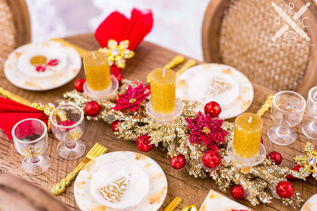 Dollhouse Miniature Glittering Gold and Red Christmas Table Setting for 4 - 1:12 Dollhouse Miniature Christmas Table in Gold and Red