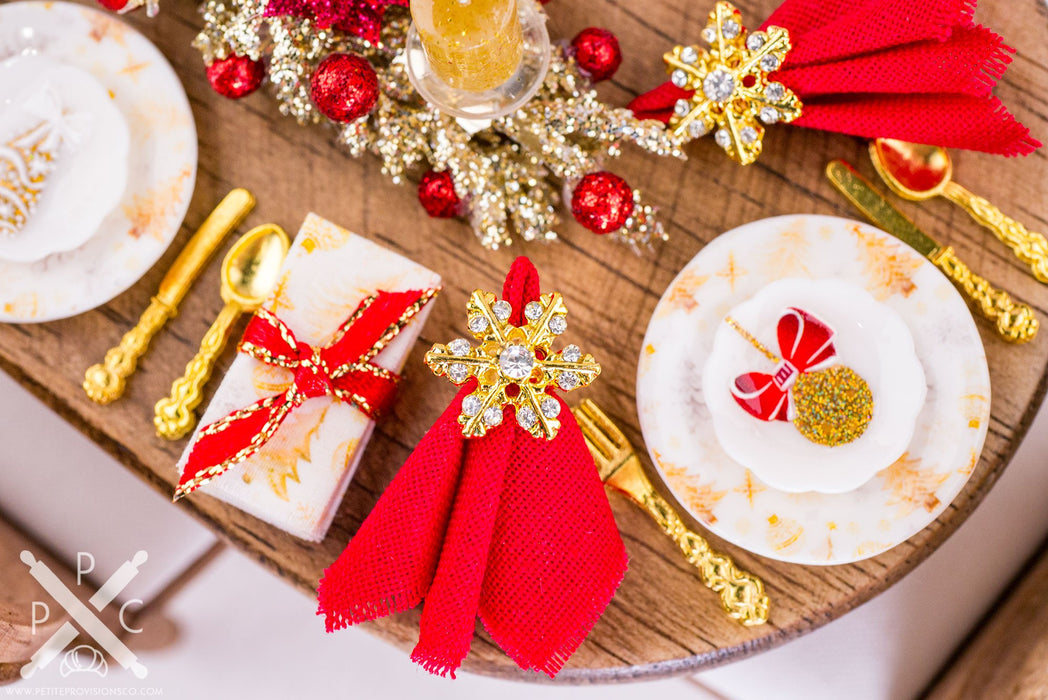 Dollhouse Miniature Glittering Gold and Red Christmas Table Setting for 4 - 1:12 Dollhouse Miniature Christmas Table in Gold and Red