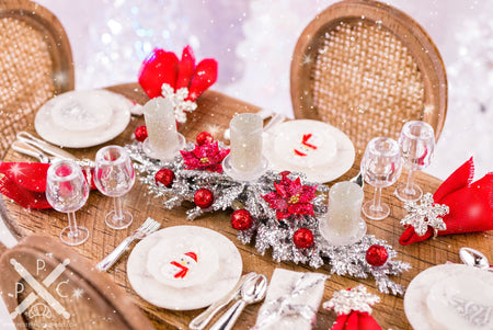 Dollhouse Miniature Glittering Silver and Red Christmas Table Setting for 4 - 1:12 Dollhouse Miniature Christmas Table in Silver and Red