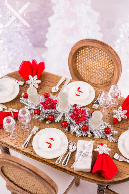 Dollhouse Miniature Glittering Silver and Red Christmas Table Setting for 4 - 1:12 Dollhouse Miniature Christmas Table in Silver and Red