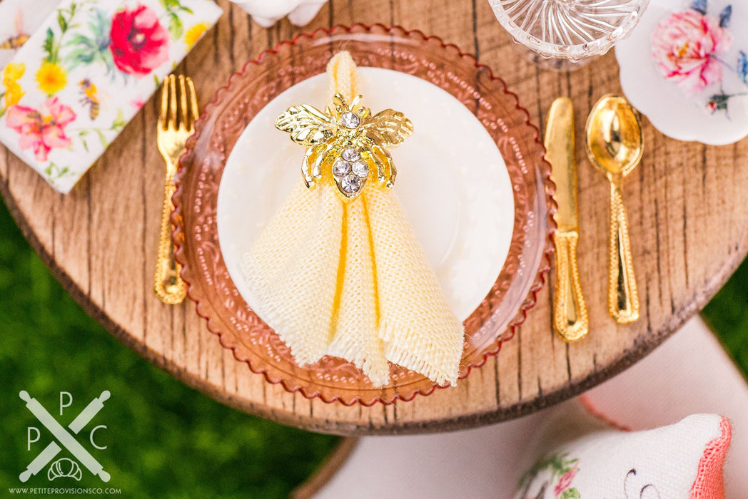 Dollhouse Miniature Gold Bee Napkin Rings and Butter Yellow Cloth Napkins