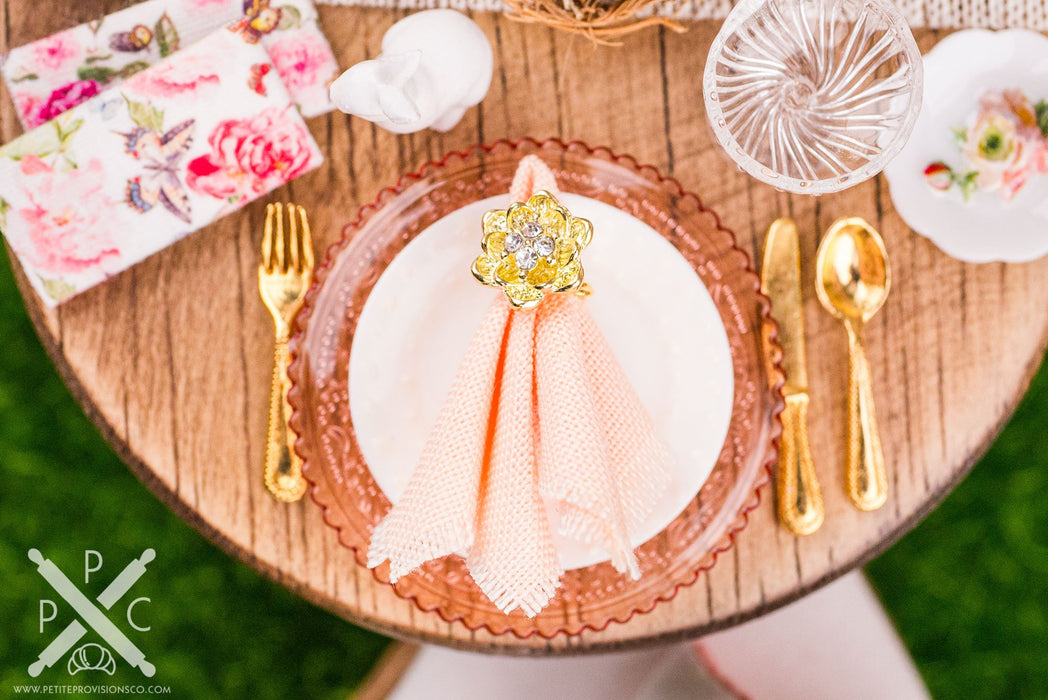 Dollhouse Miniature Gold Flower Napkin Rings and Peach Cloth Napkins