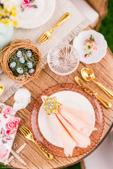 Dollhouse Miniature Gold Flower Napkin Rings and Peach Cloth Napkins