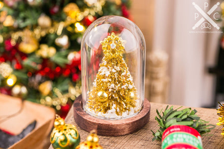 Dollhouse Miniature Gold Glitter Christmas Tree Cloche - 1:12 Dollhouse Miniature Tree in Glass Dome