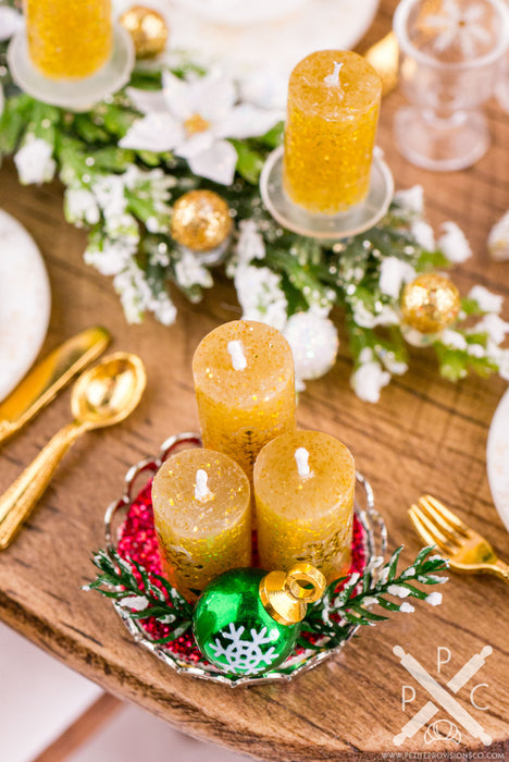 Gold and Green Christmas Candle Centerpiece