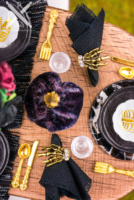 Dollhouse Miniature Halloween Gold Skeleton Hand Napkin Rings and Black Napkins - Set of 4 - 1:12 Dollhouse Miniature Halloween Napkins