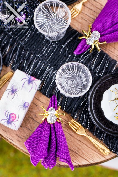 Dollhouse Miniature Halloween Gold Spider Napkin Rings and Purple Napkins - Set of 4 - 1:12 Dollhouse Miniature Halloween