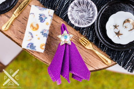 Dollhouse Miniature Halloween Gold Moons and Stars Napkin Rings and Purple Napkins - Set of 4 - 1:12 Dollhouse Miniature Halloween