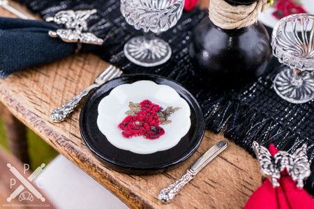 Dollhouse Miniature Halloween Gothic Red & Gold Butterfly and Roses Decorative Plates - Large - Set of 4 - 1:12 Dollhouse Halloween Plates