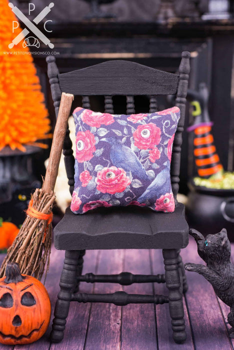 Dollhouse Miniature Gothic Roses and Ravens Halloween Pillow - 1:12 Dollhouse Miniature Halloween Throw Pillow