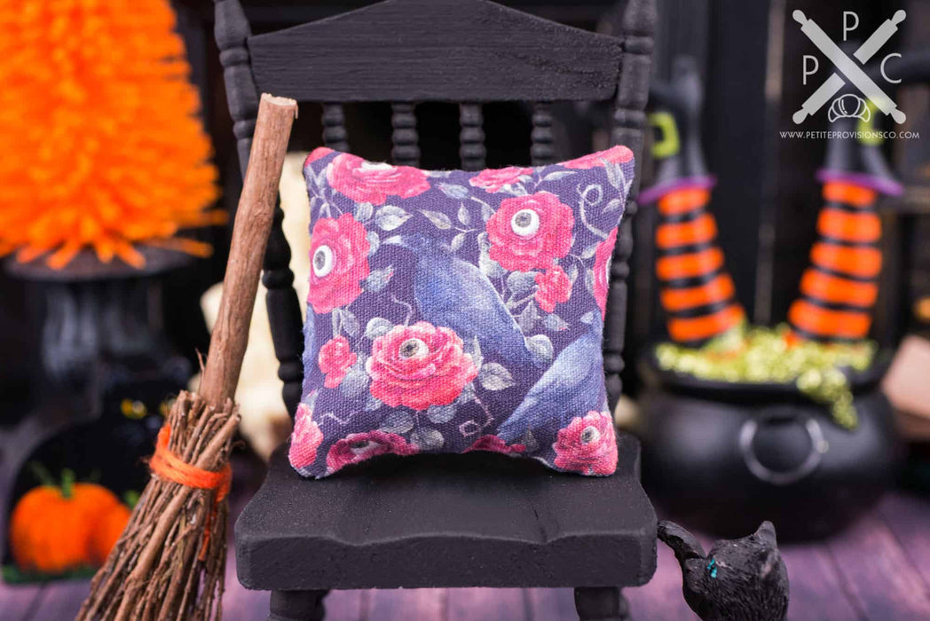 Dollhouse Miniature Gothic Roses and Ravens Halloween Pillow - 1:12 Dollhouse Miniature Halloween Throw Pillow