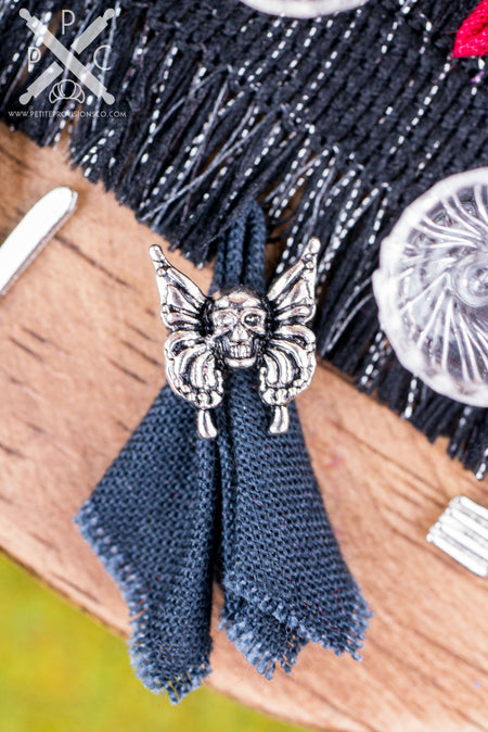 Dollhouse Miniature Halloween Gothic Skull Butterfly Napkin Rings and Red & Black Napkins - Set of 4 - 1:12 Dollhouse Miniature Halloween