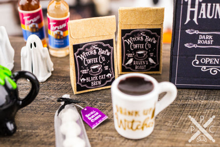 Dollhouse Miniature Halloween Coffee and Skull Sugar Cubes Set