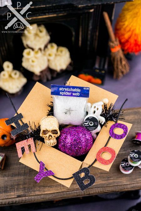 Dollhouse Miniature Halloween Decorations in Cardboard Box - Purple and Black - 1:12 Dollhouse Miniature Halloween Decoration