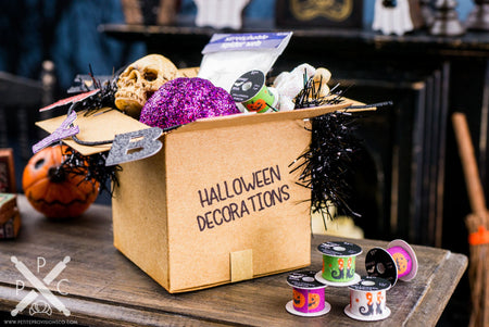 Dollhouse Miniature Halloween Decorations in Cardboard Box - Purple and Black - 1:12 Dollhouse Miniature Halloween Decoration