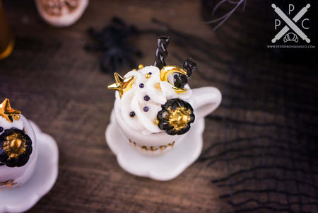 Dollhouse Miniature Gothic Glam Black and Gold Halloween Coffee Cup - 1:12 Dollhouse Miniature Halloween Drink