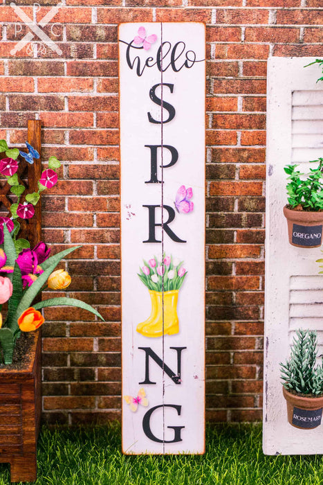 Dollhouse Miniature Hello Spring Porch Sign - Vertical Porch Sign - 1:12 Dollhouse Miniature Spring Porch Sign