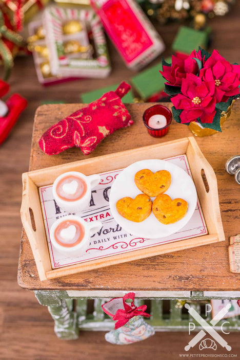 Dollhouse Miniature Hot Cocoa and Chocolate Chip Cookies on Wood Tray - 1:12 Dollhouse Miniature Christmas - Christmas Miniatures