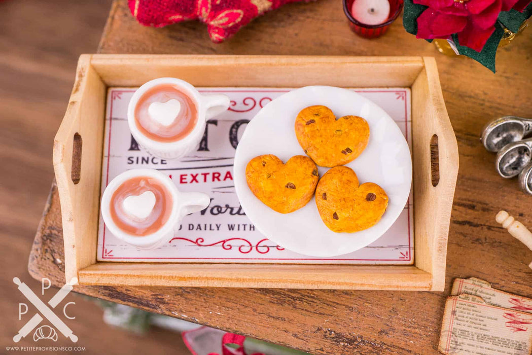 Dollhouse Miniature Hot Cocoa and Chocolate Chip Cookies on Wood Tray - 1:12 Dollhouse Miniature Christmas - Christmas Miniatures