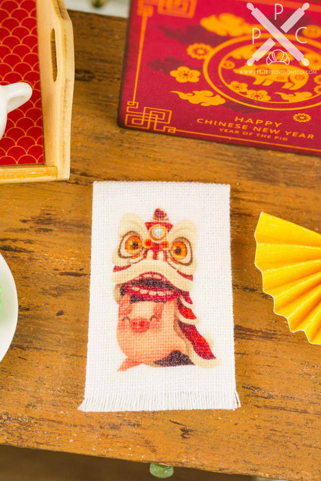 Dollhouse Miniature Lion Dance Year of the Pig Chinese New Year Tea Towel