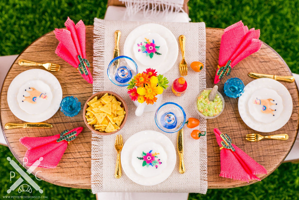 Dollhouse Miniature Cinco de Mayo Llama and Flowers Decorative Plates - Small - Set of 4 - 1:12 Dollhouse Miniature Spring Plates