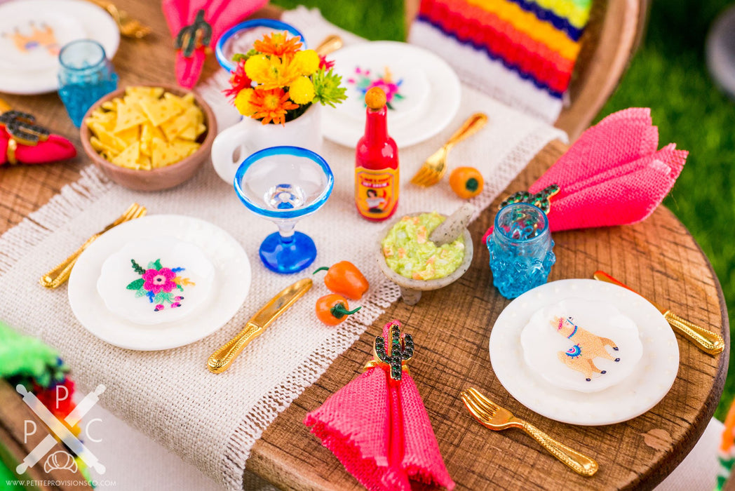 Dollhouse Miniature Cinco de Mayo Llama and Flowers Decorative Plates - Small - Set of 4 - 1:12 Dollhouse Miniature Spring Plates