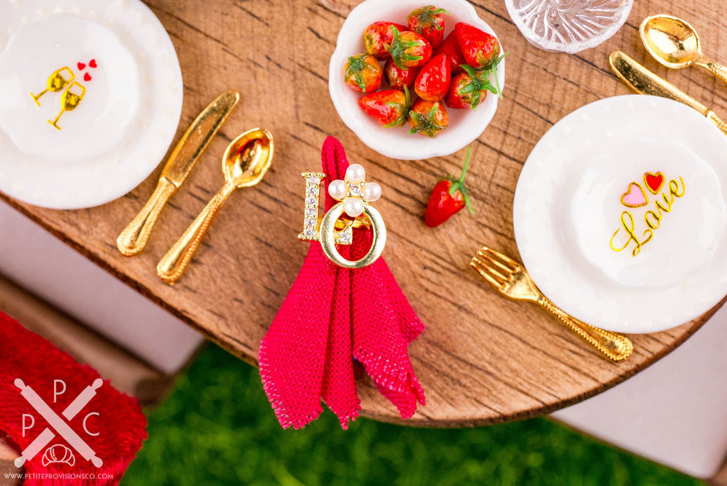 Dollhouse Miniature Valentine's Day Love Napkin Rings and Red Cloth Napkins - Set of 4 - 1:12 Dollhouse Miniature Holiday Napkins