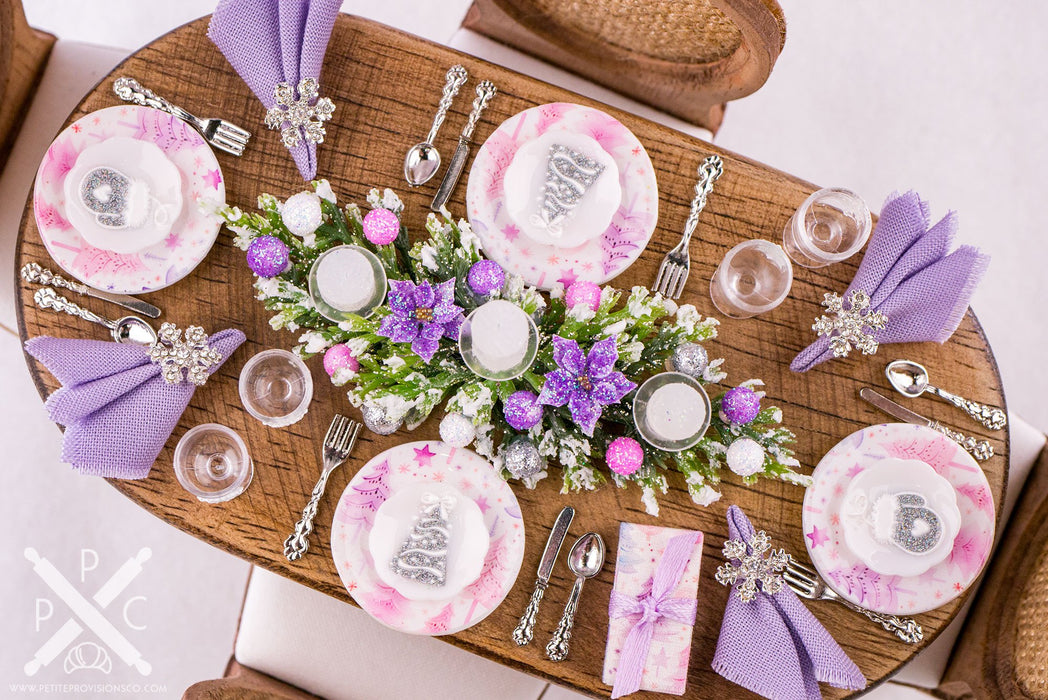 Dollhouse Miniature Lovely Lavender Christmas Table Setting for 4 - 1:12 Dollhouse Miniature Christmas Table in Purple and Silver