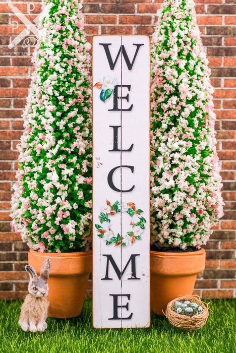 Dollhouse Miniature Farmhouse Welcome Porch Sign with Magnolia Wreath - Vertical Porch Sign - 1:12 Dollhouse Miniature Porch Sign