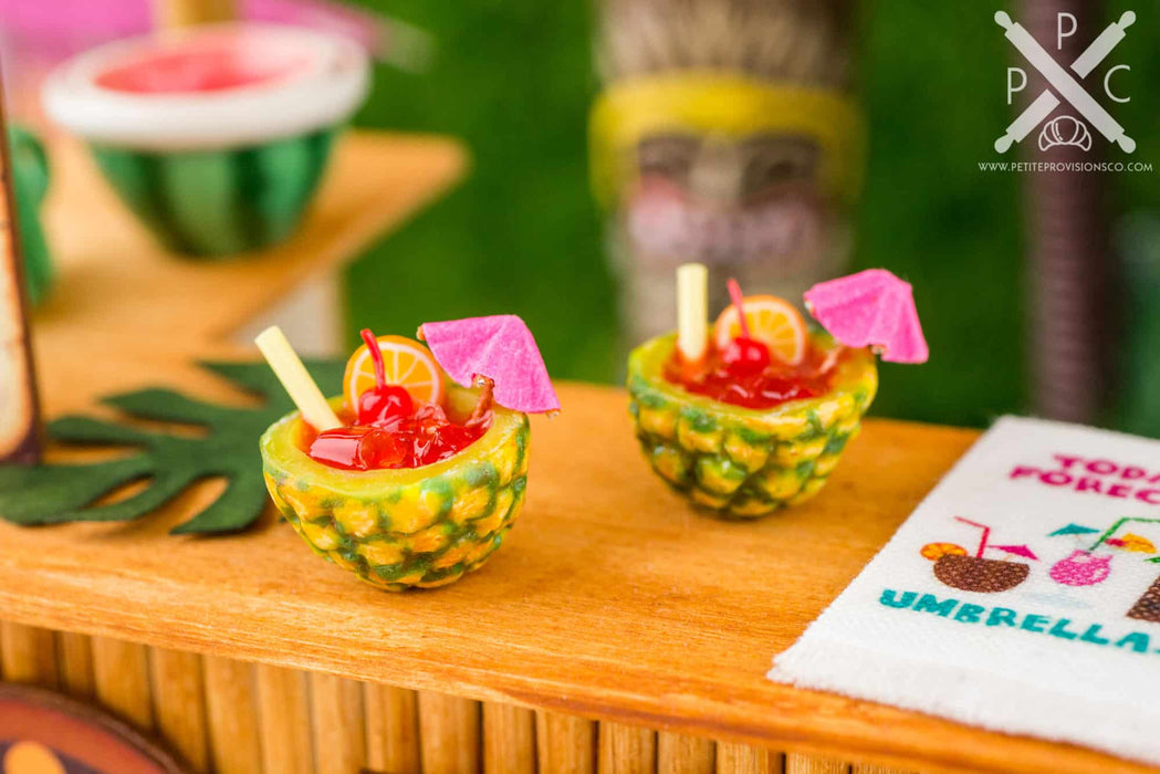 Dollhouse Miniature Mai Tais for Two in Pineapple Cups - 1:12 Dollhouse Miniature Tropical Cocktail