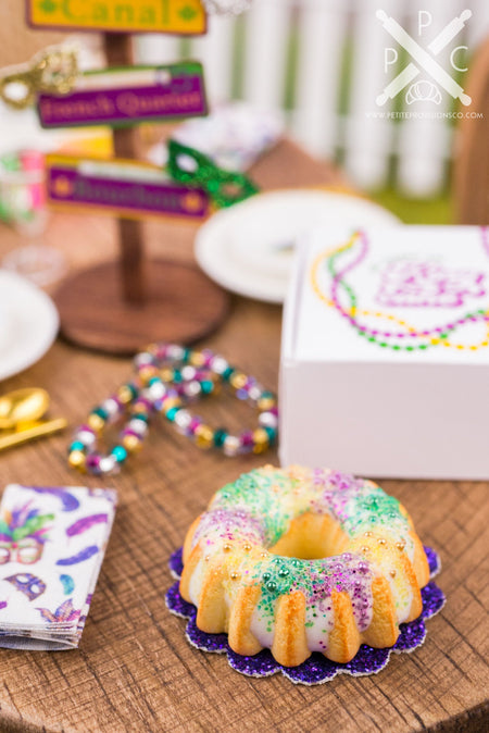 Dollhouse Miniature Mardi Gras King Cake in Bakery Box - 1:12 Dollhouse Miniature Cake