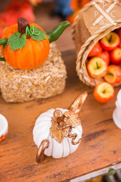 Dollhouse Miniature Metallic White and Bronze Autumn Pumpkin Teapot - 1:12 Dollhouse Miniature - Fall Miniatures