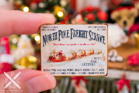 Dollhouse Miniature North Pole Freight Service Sign - 1:12 Dollhouse Miniature Christmas Sign